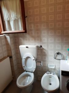 La petite salle de bains est pourvue de toilettes et d'un lavabo. dans l'établissement Appartamento Vacanza a Santa Brigida( BG), à Santa Brigida