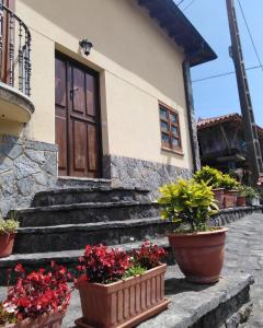 una casa con flores delante en Vivienda Vacacional Casa Abuela Herminia, en Colunga