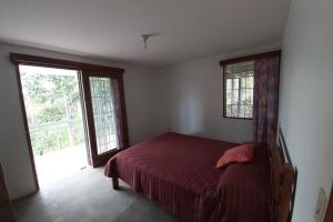 a bedroom with a bed and two windows at The Calm House in Turrialba