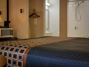 a bedroom with a bed with a shower and a tv at Americas Best Value Inn - Chico in Chico +17 photos