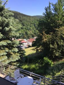 einen Balkon mit Stühlen und Blick auf das Dorf in der Unterkunft Luftkurort, Perle des Neckartals in Hirschhorn
