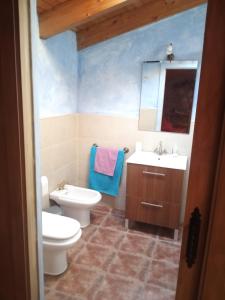 un bagno con un water, un lavandino e uno specchio di casa rural cal antoniet del matarraña a Matarraña