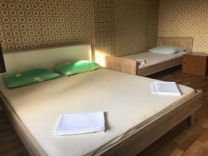 1 Schlafzimmer mit 2 Betten und grünen Kissen in der Unterkunft Big 4-bedroom apartment Perica, Podstrana in Podstrana