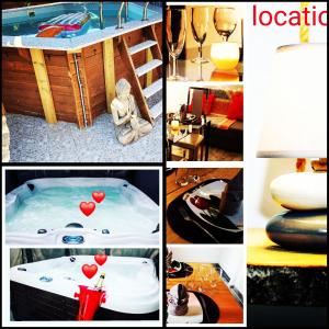 a collage of different pictures of a hot tub at Studio London & Studio Chalet in Pannes