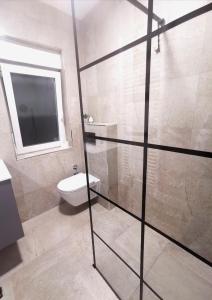 a bathroom with a toilet and a glass shower door at Apartment Niko in Poreč