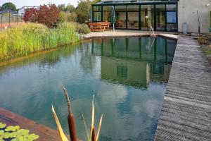a pond in front of a house with a wooden deck at laVital Sport- & Wellness Hotel in Wesendorf