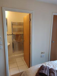 a bathroom with a shower and a toilet and a bed at Penthouse Apartment Little Paxton - 47 Skipper Way in Saint Neots