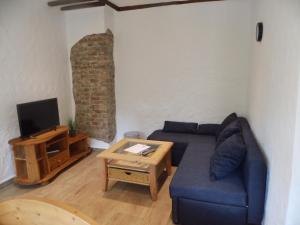a living room with a blue couch and a tv at Pension Waldsauna Fahrradfreundlich am Ruhrtalradweg in Arnsberg