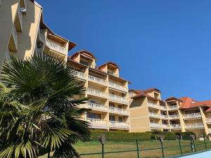 a large apartment building with a palm tree in the foreground at Delfin Apartman Balatonfüred in Balatonfüred