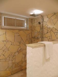 a bathroom with a shower with a stone wall at Pension Waldsauna in Arnsberg