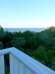 Platána的住宿－Villa Riverside，白色阳台享有树木和大海的景致。