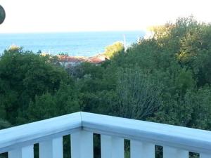 a white balcony with trees and the ocean in the background at Villa Riverside in Platána