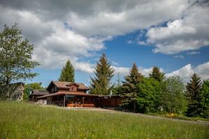 ein großes Holzhaus auf einem Hügel mit einem Feld in der Unterkunft Chalupy pod Liščím Kopcem Vrchlabí in Vrchlabí