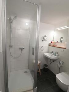 uma casa de banho com um chuveiro, um WC e um lavatório. em Motel Q - das kleine Stadthotel em Dingolfing