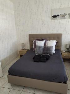 a bedroom with a large bed with pillows on it at Petite halte Appt 103 in Sens