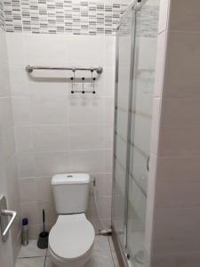 a bathroom with a toilet and a glass shower at Petite halte Appt 103 in Sens