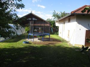 un patio con un trampolín azul en Haus Anna, en Zandt