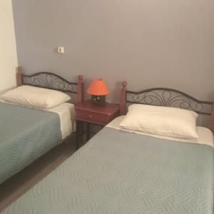 a bedroom with two beds and a lamp on a night stand at Ktima Edem in Kamares