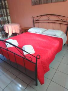 a red bed with a red blanket on it at Ktima Edem in Kamares