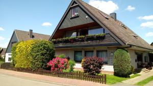 una casa con techo negro y algunas plantas en Ferienwohnung Hamberge, en Hamberge