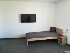 1 dormitorio con 1 cama y TV en la pared en Penzion Šápara, en Velké Bílovice