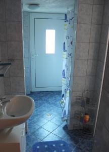 baño con ducha, lavabo y puerta en Ostseeurlaub-Barth en Barth