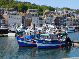 twee blauwe boten zijn aangemeerd in een haven bij Chez Simone in Le Tréport