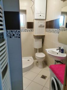 ein kleines Bad mit WC und Waschbecken in der Unterkunft Gyöngy Apartman in Keszthely