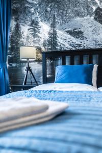 a bed with a view of a snow covered mountain at Nosal Hill Apartments&Spa in Zakopane