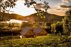 un grupo de casas en una colina con un lago en Chaty na Cholewicy Domki Całoroczne en Solina