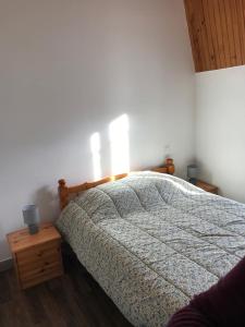 a bedroom with a bed and a wooden night stand at Appartement T3 Le Mont Dore Centre in Le Mont-Dore