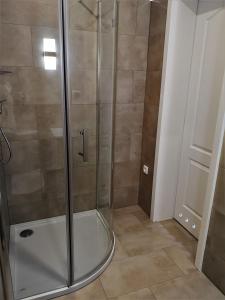 baño con cabina de ducha con puerta de cristal en Sielankowy Domek en Ośno Lubuskie
