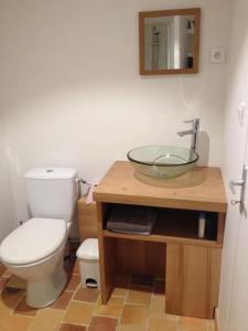 a bathroom with a toilet and a glass sink at OG Gîte in Le Minihic-sur-Rance