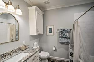 a bathroom with a toilet and a sink and a mirror at Quiet Fishermans House with Hot Tub and Tropical Bar! in Dauphin Island +22 photos