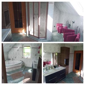 - deux photos d'une salle de bains avec baignoire et lavabo dans l'établissement Ferienwohnung Rothen-Adler, à Breitenbrunn/Erzgeb.
