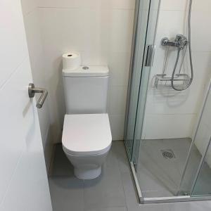 W łazience znajduje się toaleta i przeszklony prysznic. w obiekcie Villa Alegria w mieście Santa Brígida