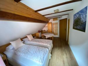 een slaapkamer met 2 bedden in een kamer bij Hiša Planšar Bohinj accommodations in Bohinj