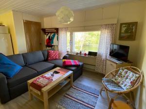 - un salon avec un canapé et une table dans l'établissement Borgdala Stugor, à Ödkarby