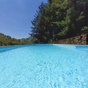 een groot zwembad van blauw water met bomen op de achtergrond bij Il Bosco di Campo Marzano green & sky in Borzonasca