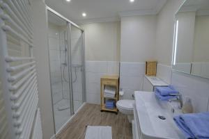 bagno con doccia, lavandino e servizi igienici di Strandhaus Brunhild a Timmendorfer Strand