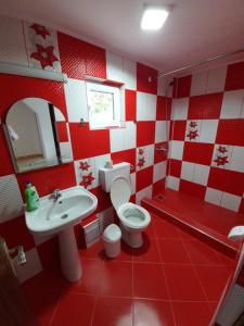 a red and white bathroom with a toilet and a sink at Casa Denisa in Sulina +30 photos