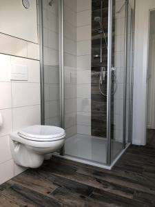 een badkamer met een toilet en een glazen douche bij Ferienwohnung Böverdün in Sankt Peter-Ording
