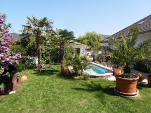 a garden with a swimming pool and plants at FeWo Nala II in Trier