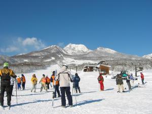 a group of people on skis in the snow at Hotel Alpen Blick in Myoko