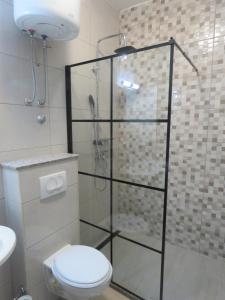 uma casa de banho com um chuveiro, um WC e um lavatório. em Apartmani Villa Delija Klek em Klek