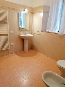 a bathroom with a sink and a toilet and a mirror at Monica appartamenti in San Vincenzo