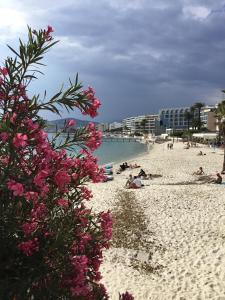 a beach with people laying on the sand and flowers at Le California in Juan-les-Pins