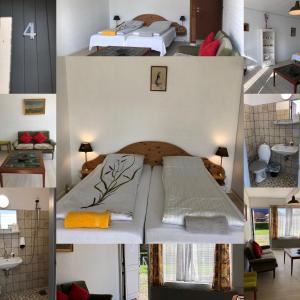 a collage of four pictures of a bedroom at Døstrup Landevejskro & Motel in Skærbæk
