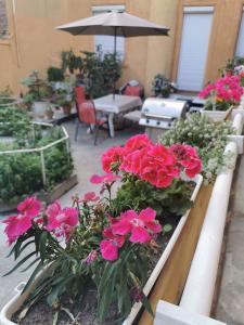 a patio with pink flowers and a table and an umbrella at Baross-hat in Szolnok