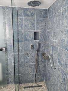 a bathroom with a shower with a glass door at Haraki Village in Haraki